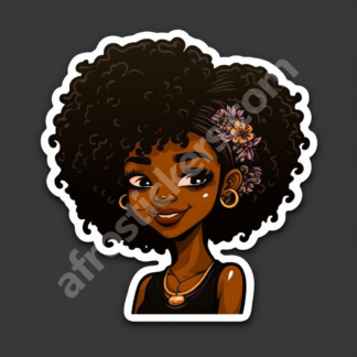 pretty woman with parted fro, flowers and knowing smile